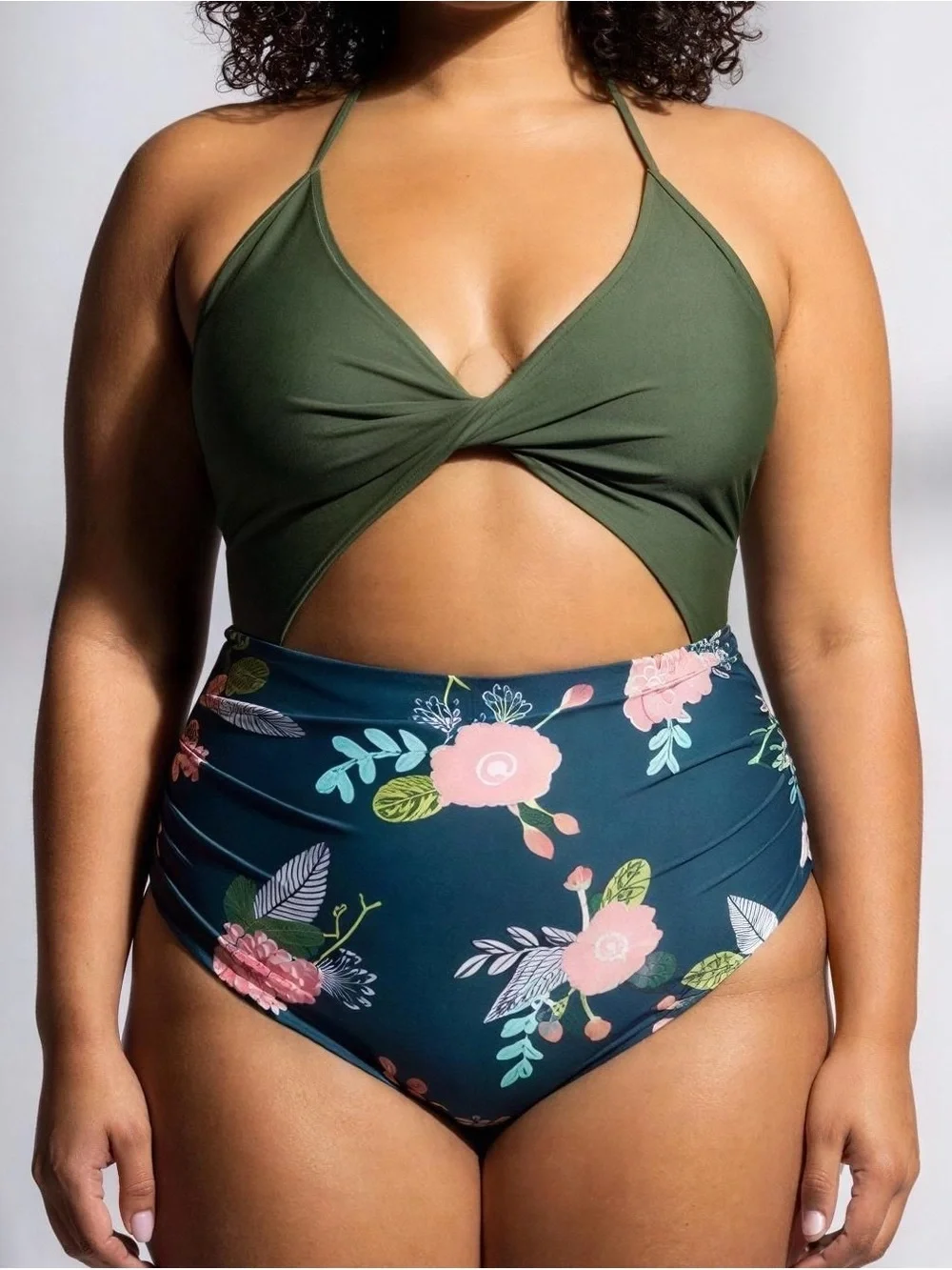NWT‎ Beachsiss Olive Green & Teal Floral High-Waist One-Piece -- XL
